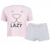 Fabric Velvet Stripe Shorts Soft Pyjama Set with Lazy Slogan Baby Pink